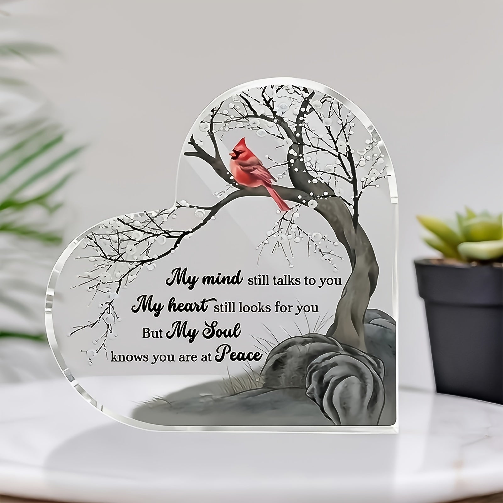 Heart-shaped acrylic plaque featuring a red cardinal on a branch with a sentimental memorial message - Coastal Pillows Plus
