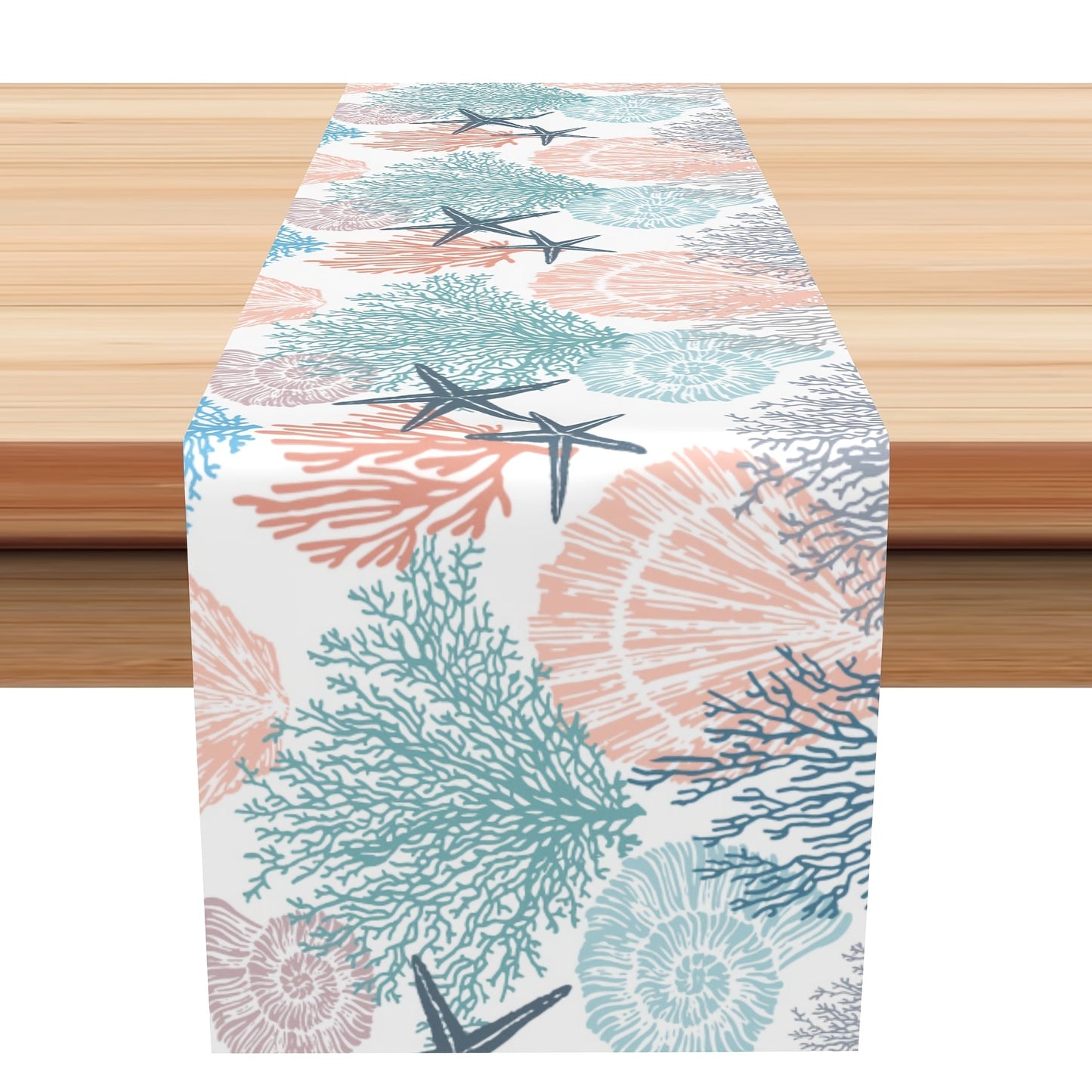 Serene Coastal Nautical Linen Table Runner with Coral Starfish and Seashell Design - Available in 13x48" or 13x72"