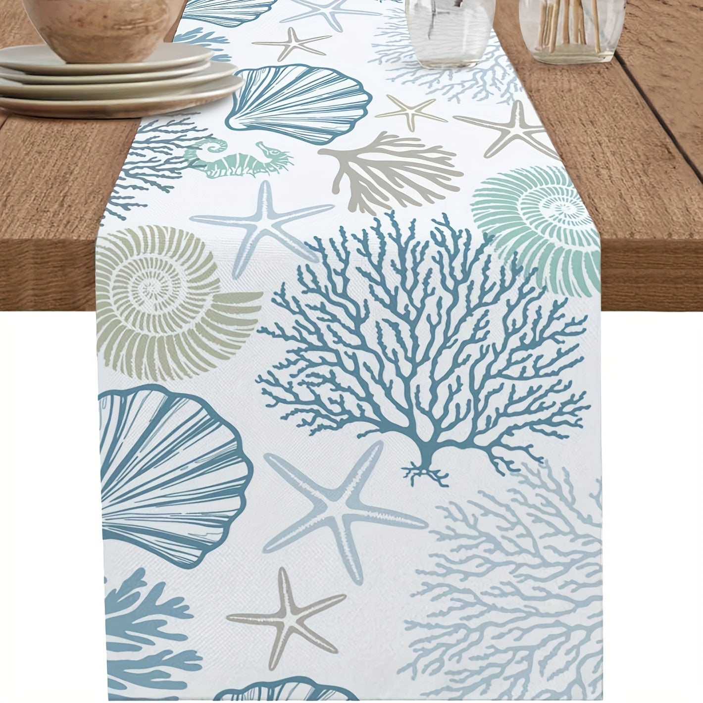 Serene Coral and Starfish Linen Table Runner - Soft Coastal Blue and Teal Marine Life décor (13x72") - Coastal Pillows Plus