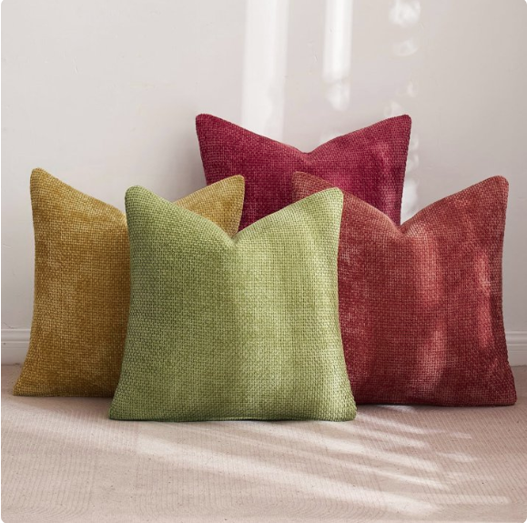 Radiant 18x18 inch pillow covers in Mustard, Terracotta, Burgundy, and Pear showing a heavy-weight linen-textured chenille weave for coastal décor – Coastal Pillows Plus.