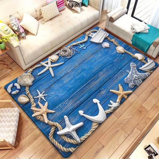 Coastal entryway mat featuring seashells and starfish over a weathered blue wood background with rope border details.