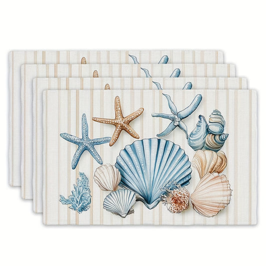 Shell and starfish coastal placemats set of four with seashell and beach design.