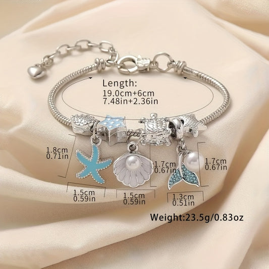 Starfish, Turtle, Fishtail & Shell with Pearl Bracelet