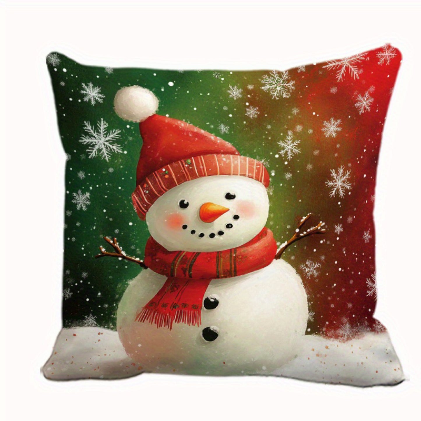Pillow cover with a snowman wearing a red hat and scarf on a snowy background