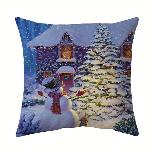 Winter pillow cover with snowman and decorated Christmas tree in snowy village scene