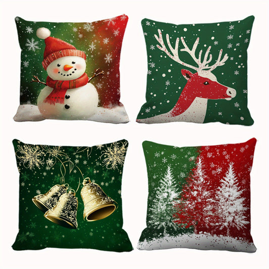 Set of four pillow covers featuring a snowman, reindeer, bells, and winter tree Christmas designs in red and green