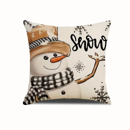 Outdoor snowman pillow cover with snowflakes and the word snow on a neutral background winter design