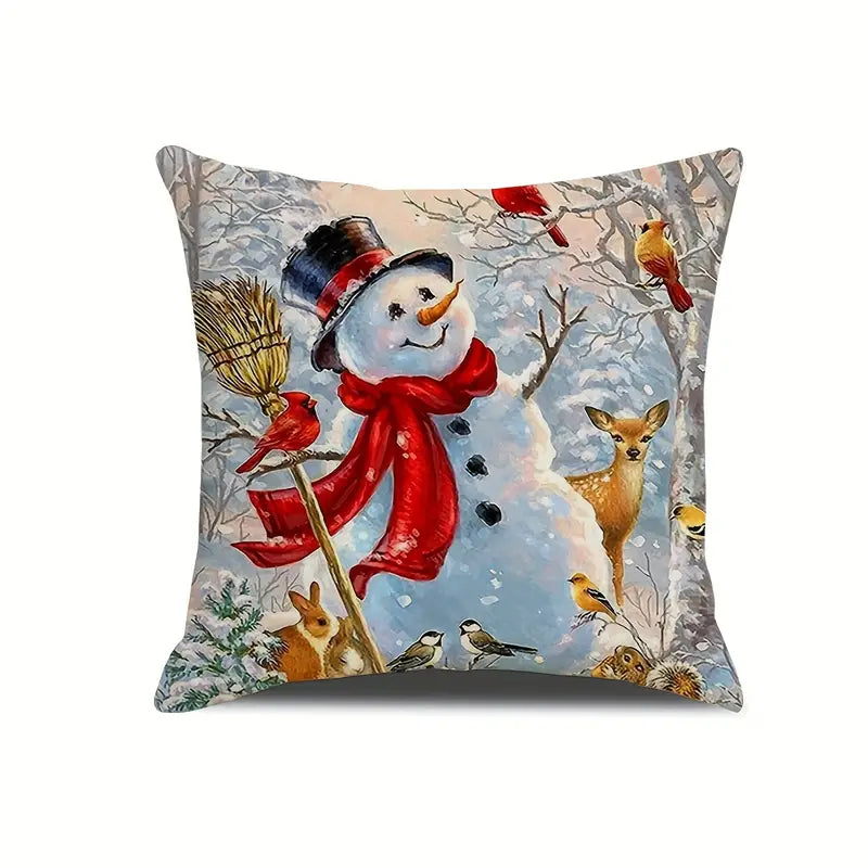 Outdoor snowman pillow cover with woodland animals including deer, rabbits, and birds in a snowy winter forest scene