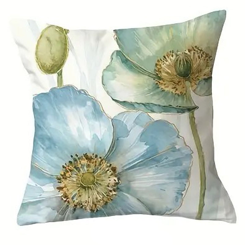 Decorative pillow cover featuring an open blue watercolor poppy bloom with detailed center and light background.
