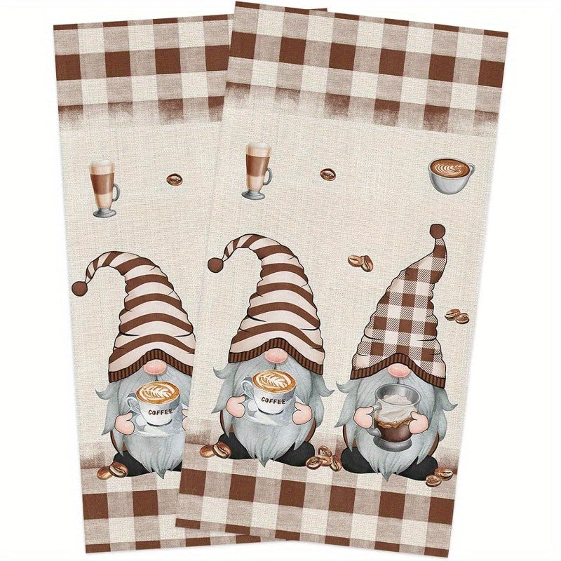 Soft 16x24 inch microfiber kitchen towels featuring three gnomes with coffee cups on brown-and-white buffalo plaid, styled in a farmhouse kitchen for farmhouse décor – Coastal Pillows Plus