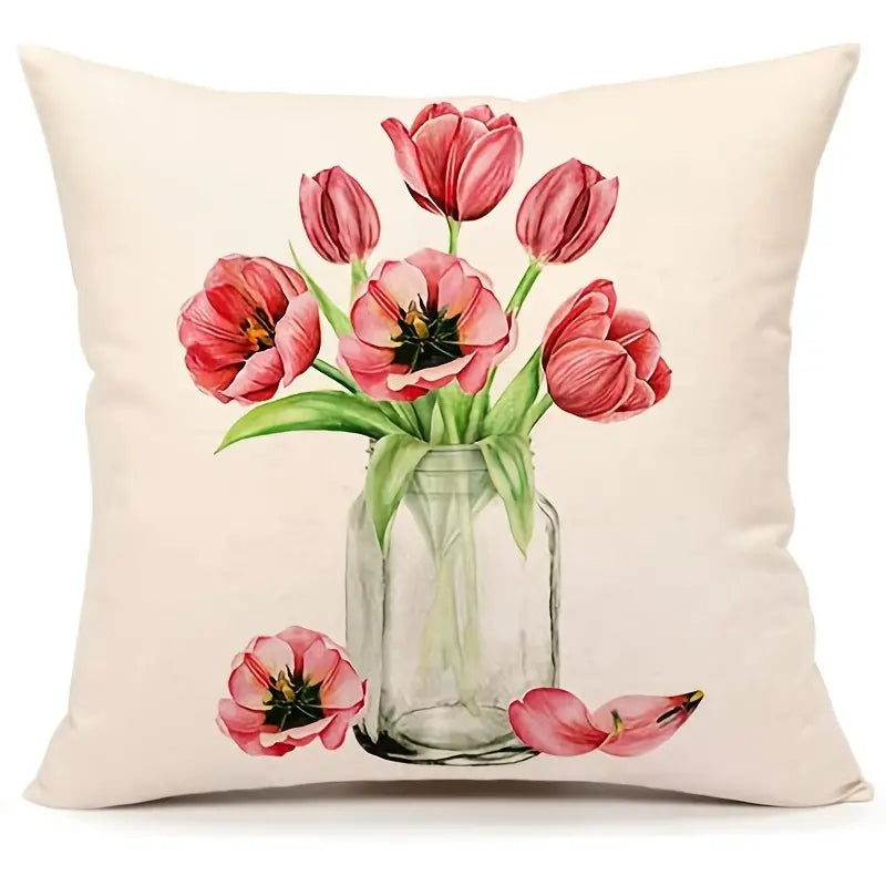 Linen pillow cover featuring pink tulips arranged in a clear glass canning jar, 18x18, insert not included.