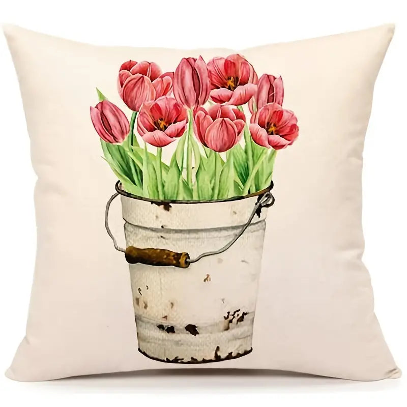 Linen pillow cover featuring pink tulips arranged in a distressed metal bucket, 18x18, insert not included.