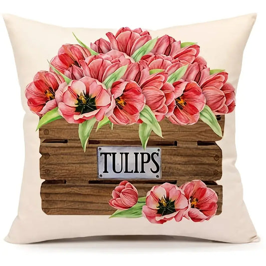 Linen pillow cover featuring pink tulips arranged in a wooden crate with “TULIPS” sign, 18x18, insert not included.