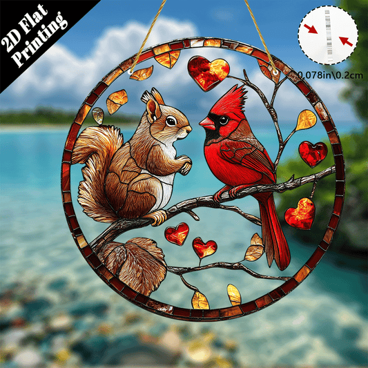 Acrylic stained glass style suncatcher with a squirrel and red cardinal on branches with heart shaped leaves.