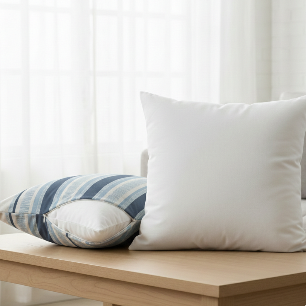 A full, white square pillow insert placed beside a coastal pillow cover on a wooden table - Coastal Pillows Plus