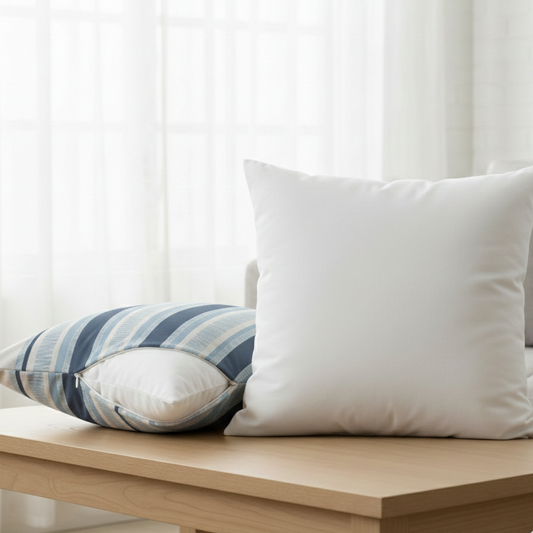 A full, white square pillow insert placed beside a coastal pillow cover on a wooden table - Coastal Pillows Plus
