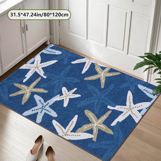 Coastal floor mat featuring layered starfish designs in blue and sand tones on an ocean-inspired background.