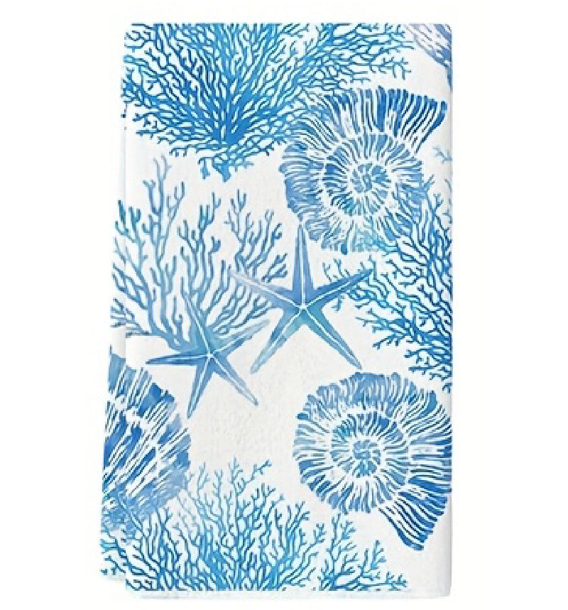 Fitted sheet with blue coral and starfish pattern on a white background