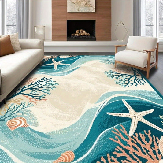 Coastal area rug featuring flowing ocean wave patterns with starfish and coral accents in blue, beige, and coral tones.