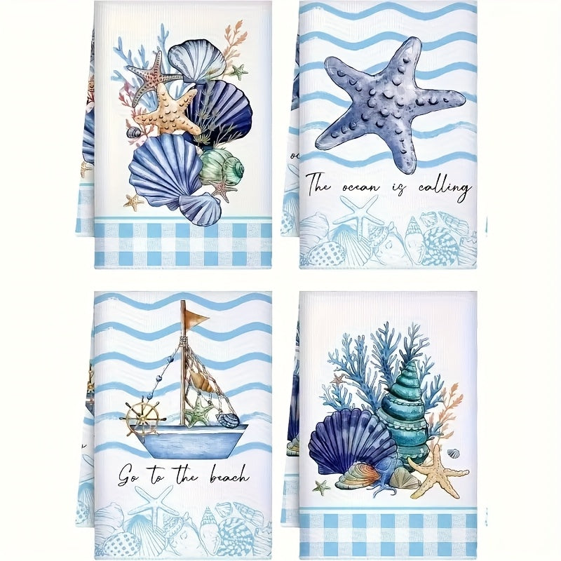 Whimsical Starfish, Seashell, and Sailboat Coastal-Themed Kitchen Towels for Nautical Décor, 16x24" - Coastal Pillows Plus