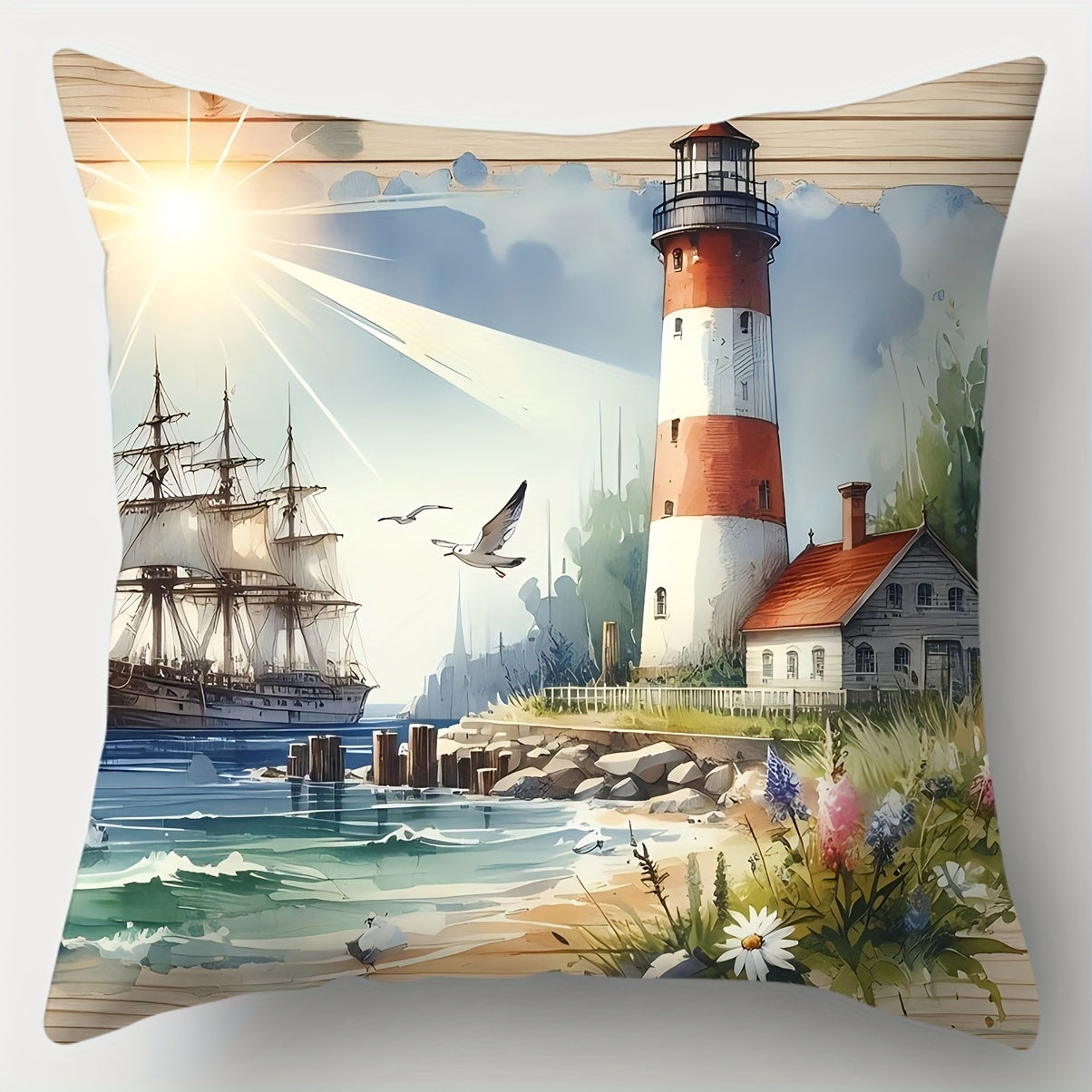 Coastal pillow cover featuring a striped lighthouse with sunlight, sailing ships, seabirds, and ocean waves in a scenic harbor setting.