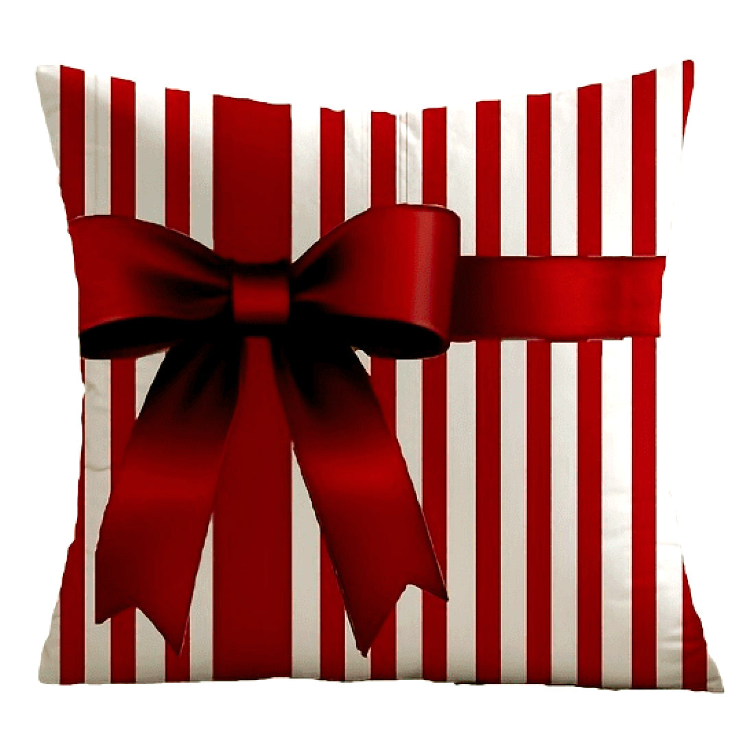 Red and white striped pillow cover with a centered ribbon bow