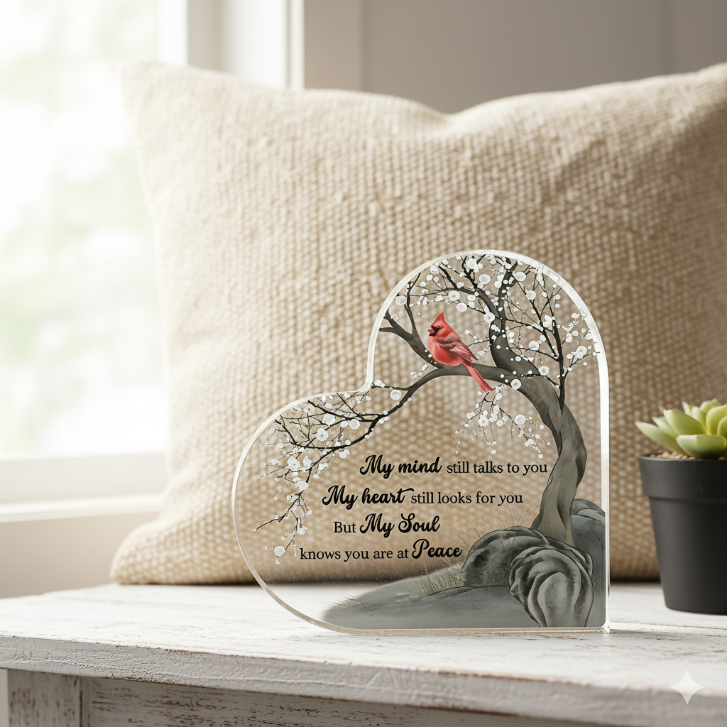 Sentimental heart-shaped memorial plaque with a red cardinal bird styled next to a neutral tan-colored pillow cover - Coastal Pillows Plus
