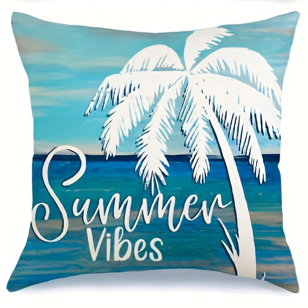 Coastal pillow cover featuring the phrase “Summer Vibes” with a white palm tree illustration on a blue beach background.