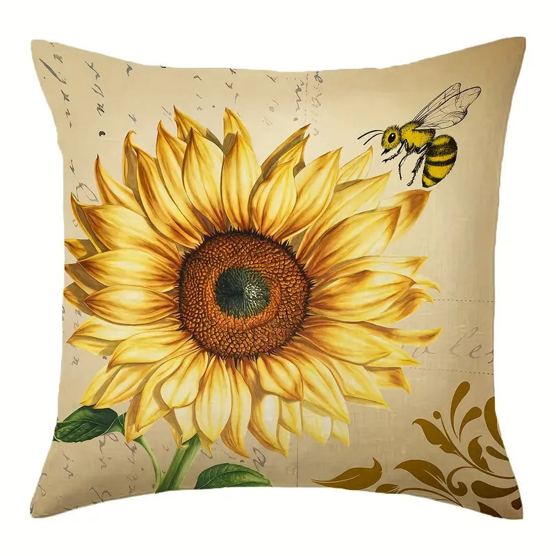 Pillow cover featuring one large yellow sunflower with a bee on a beige background, 18x18, insert not included.
