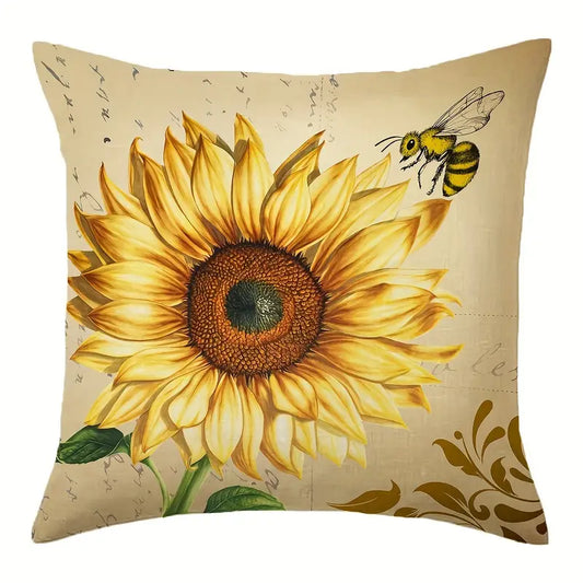 Pillow cover featuring one large yellow sunflower with a bee on a beige background, 18x18, insert not included.