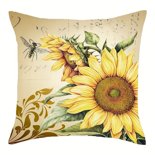 Pillow cover featuring two yellow sunflowers on an angled stem with a bee on a beige background, 18x18, insert not included.