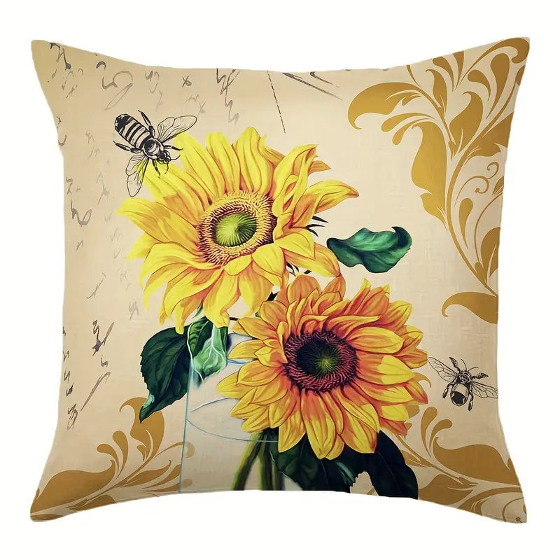 Pillow cover featuring two yellow sunflowers with bees on a beige background, 18x18, insert not included.