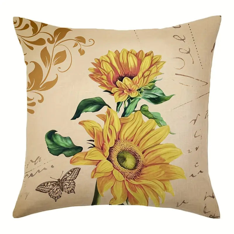 Pillow cover featuring two yellow sunflowers with a butterfly on a beige background, 18x18, insert not included.