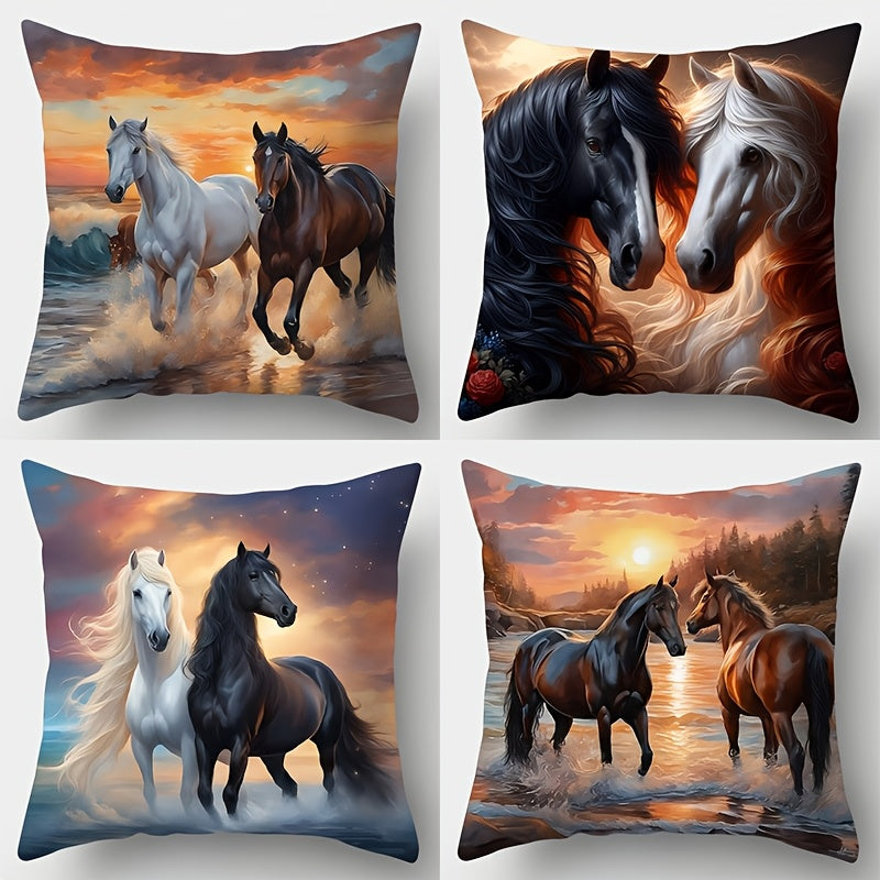Set of four pillow covers featuring pairs of horses in sunset scenes including ocean surf, close portrait, misty landscape, and shallow river setting.