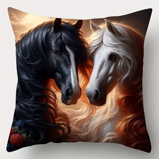 Square pillow cover featuring a black and white horse facing each other closely against a warm sunset background.