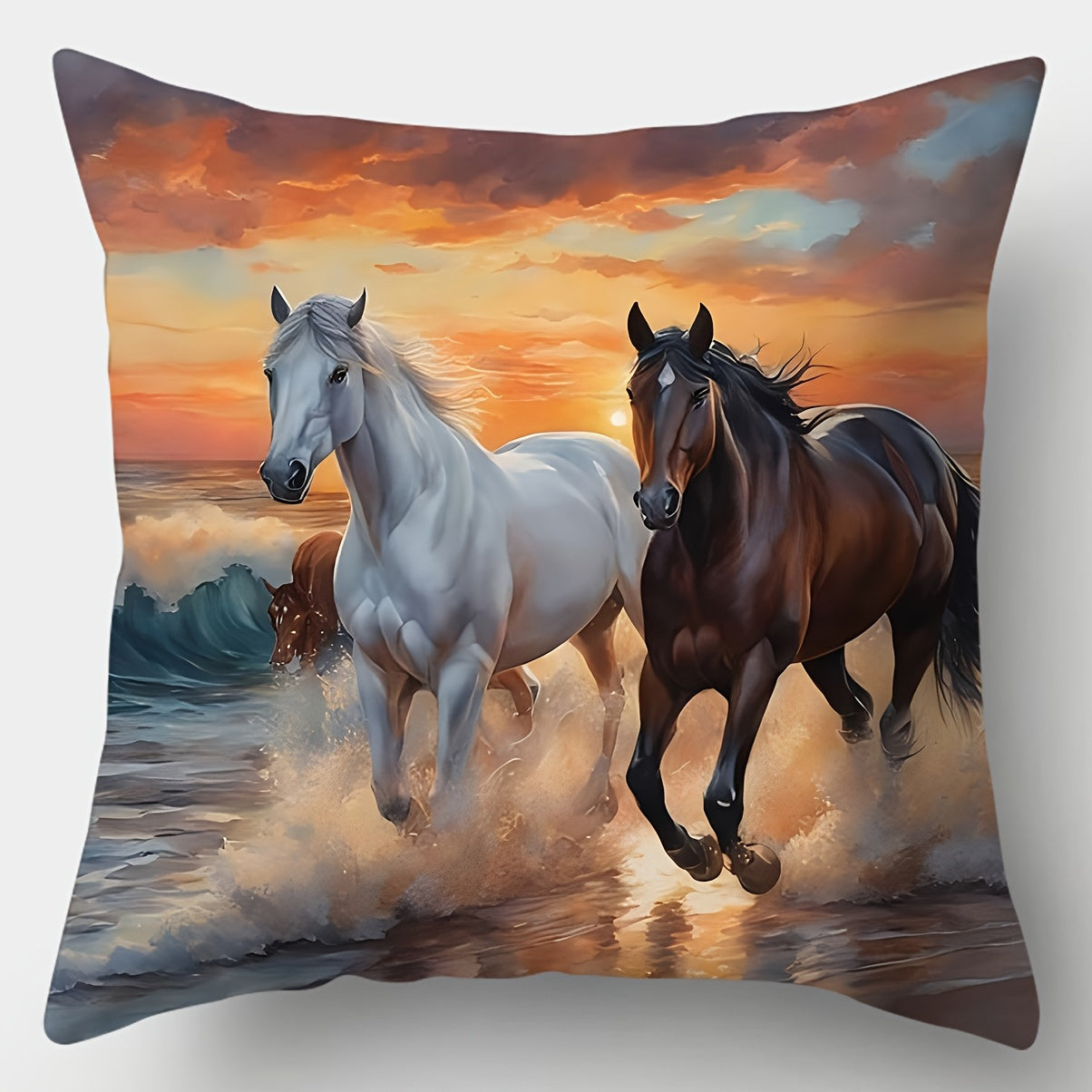 Square pillow cover featuring two horses running through ocean surf at sunset with warm orange sky tones.