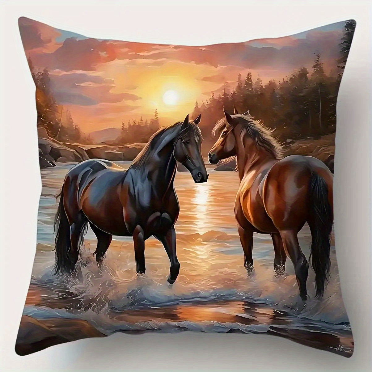 Square pillow cover featuring two horses standing in shallow river water with trees and sunset sky in the background.
