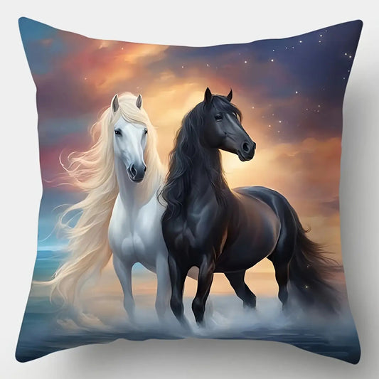 Square pillow cover featuring two horses standing side by side in a misty sunset landscape.