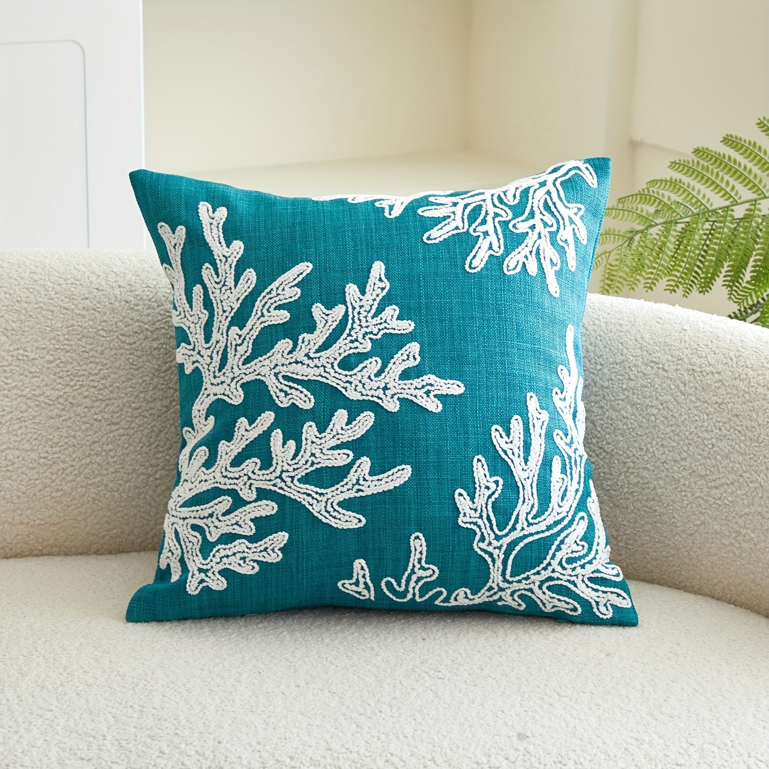 Saturated Coral Embroidered Pillow Cover with Teal Coastal Accent Décor - 18x18" - Sara Kathryn Collection