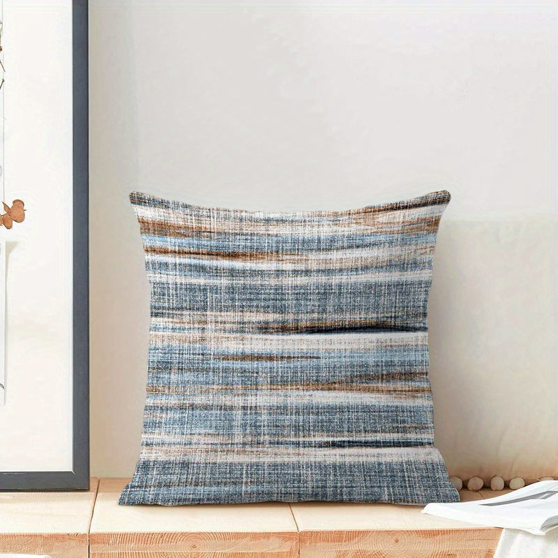 Textured Blue, Brown & Beige Striped Farmhouse Throw Pillow Cover – Modern Style, 18"x18"