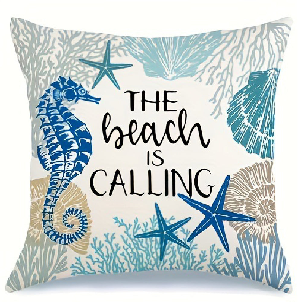 Coastal pillow cover featuring the phrase “The Beach Is Calling” with a blue seahorse, coral, and starfish illustrations on a light background.