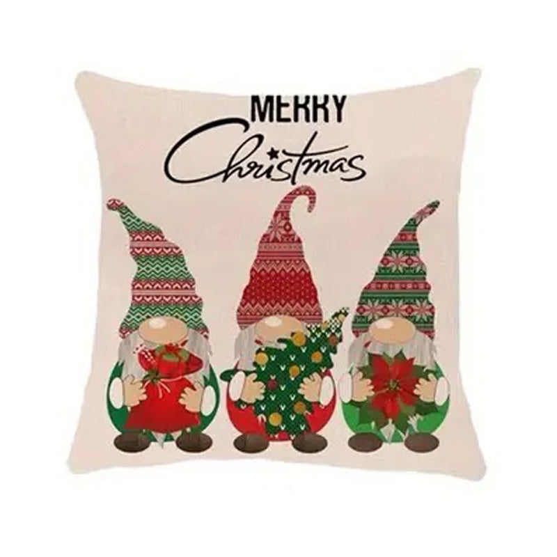 Christmas pillow cover featuring three holiday gnomes on a light background with Merry Christmas text.
