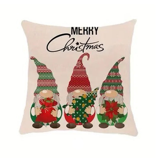 Christmas pillow cover featuring three holiday gnomes on a light background with Merry Christmas text.
