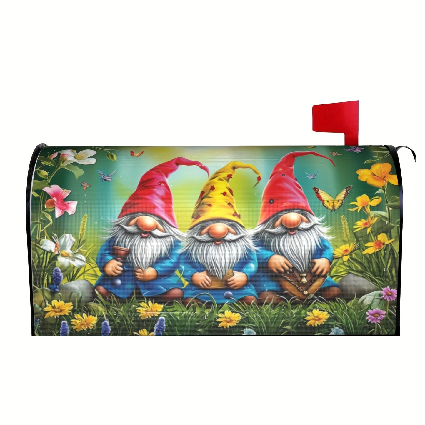Three Gnomes in the Grass Mailbox Cover – Floral & Butterfly Garden Design - Coastal Pillows Plus