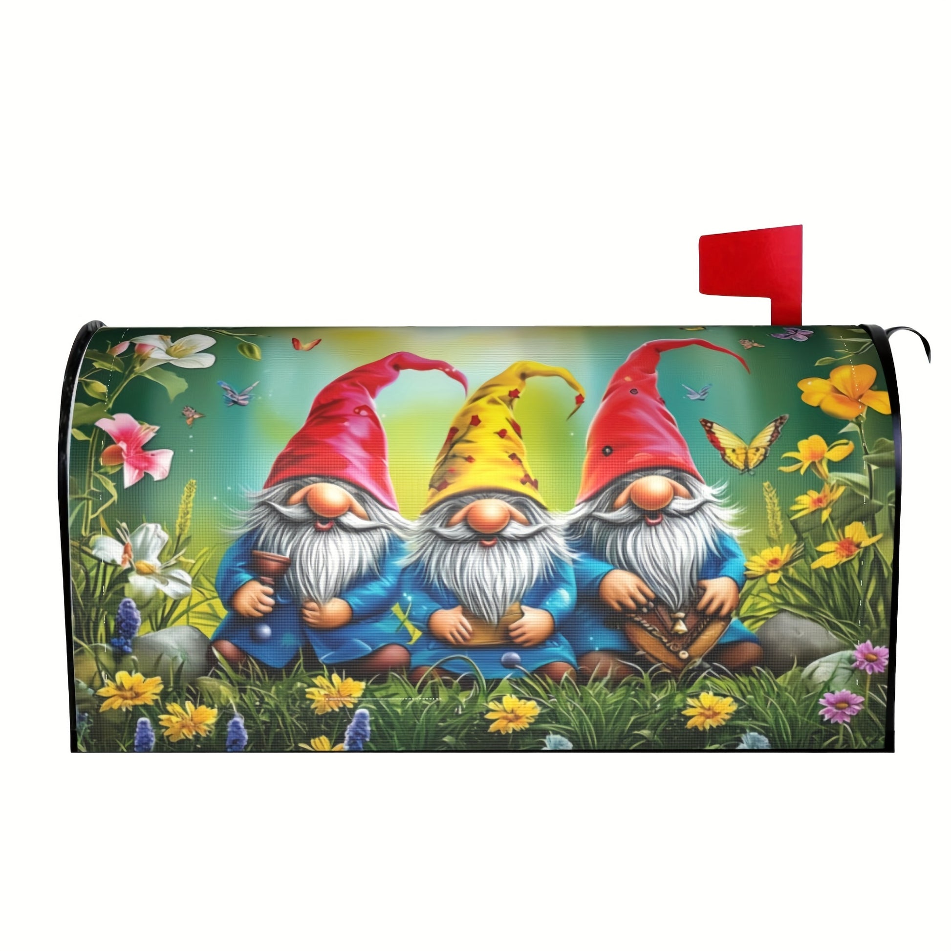 Three Gnomes in the Grass Mailbox Cover – Floral & Butterfly Garden Design - Coastal Pillows Plus