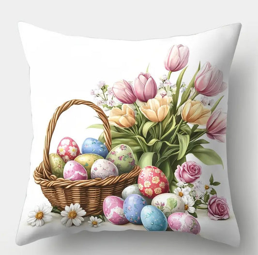 Enchanting 16x16 inch Easter pillow cover featuring watercolor bunny, chick, and lamb illustrations with spring florals for festive décor – Coastal Pillows Plus.