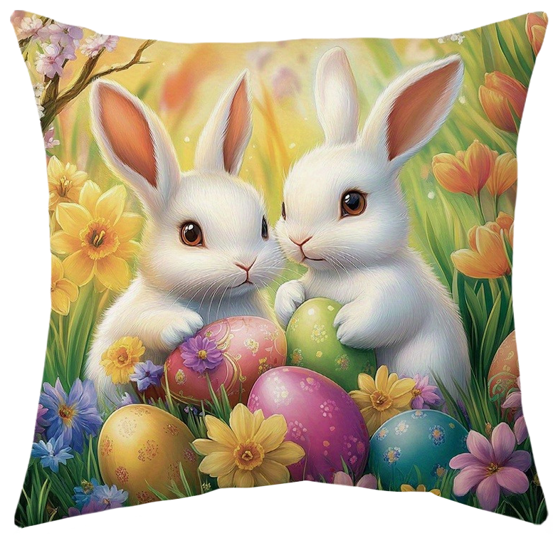 Soft 14x14 inch fleece pillow cover with watercolor-style Easter rabbits, chicks, and floral patterns, styled on a sofa for spring and holiday décor – Coastal Pillows Plus