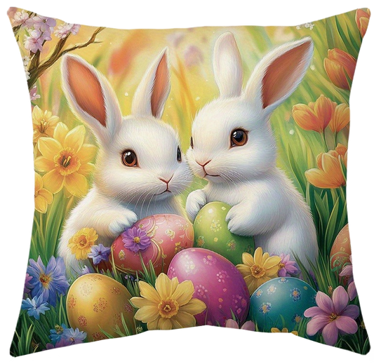 Soft 14x14 inch fleece pillow cover with watercolor-style Easter rabbits, chicks, and floral patterns, styled on a sofa for spring and holiday décor – Coastal Pillows Plus