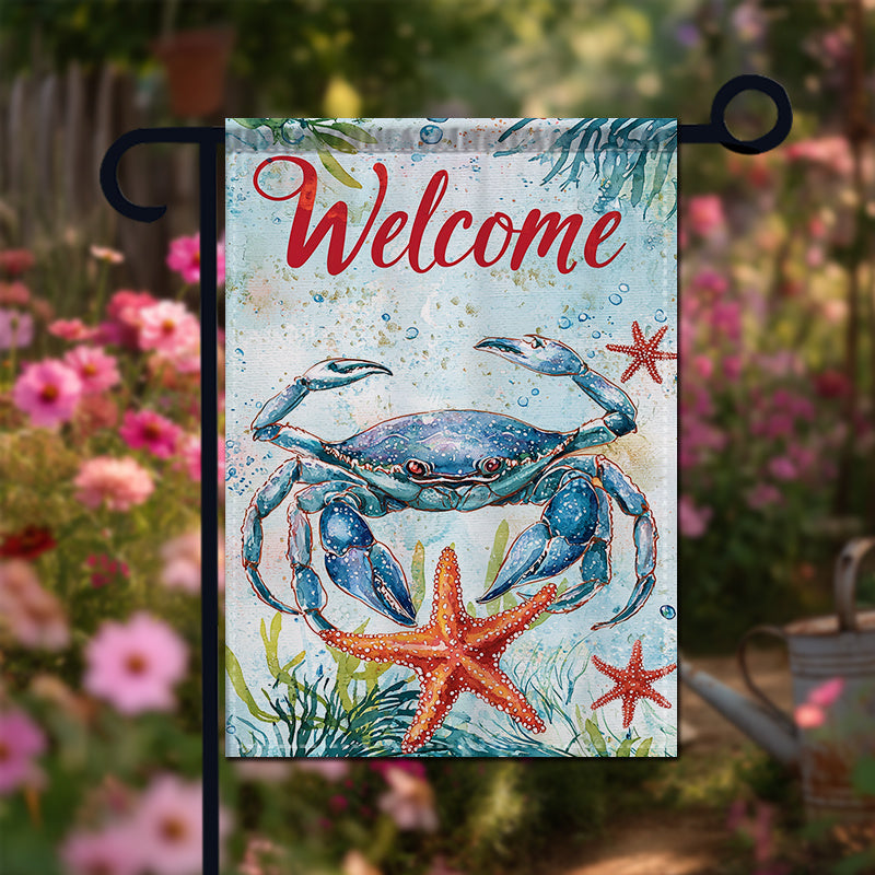 Vibrant Double-Sided "Welcome" Underwater Blue Crab & Starfish Design - 12x18 Garden Flag - Coastal Pillows Plus