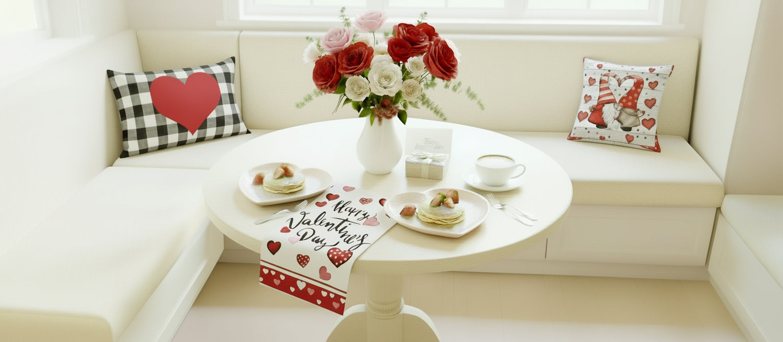 A cozy breakfast nook featuring a Buffalo check heart pillow cover and a Valentine gnome pillow cover on a cream banquette - Coastal Pillows Plus
